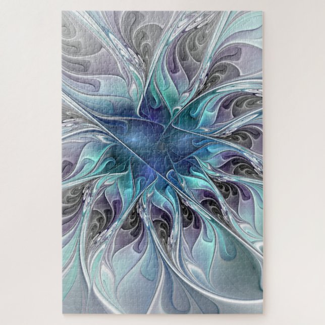 Flourish Abstract Modern Fractal Flower With Blue Jigsaw Puzzle (Vertical)