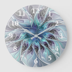 Flourish Abstract Modern Fractal Flower With Blue Large Clock