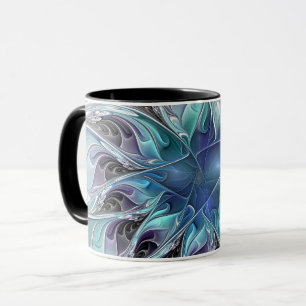 Flourish Abstract Modern Fractal Flower With Blue Mug