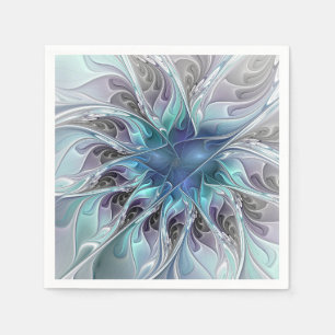 Flourish Abstract Modern Fractal Flower With Blue Napkin