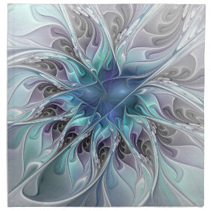 Flourish Abstract Modern Fractal Flower With Blue Napkin