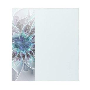 Flourish Abstract Modern Fractal Flower With Blue Notepad