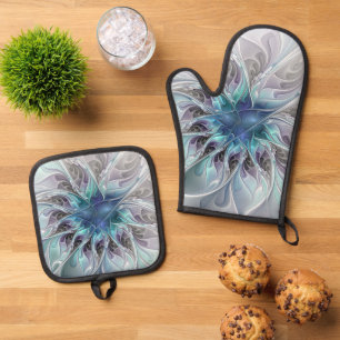 Flourish Abstract Modern Fractal Flower With Blue Oven Mitt & Pot Holder Set