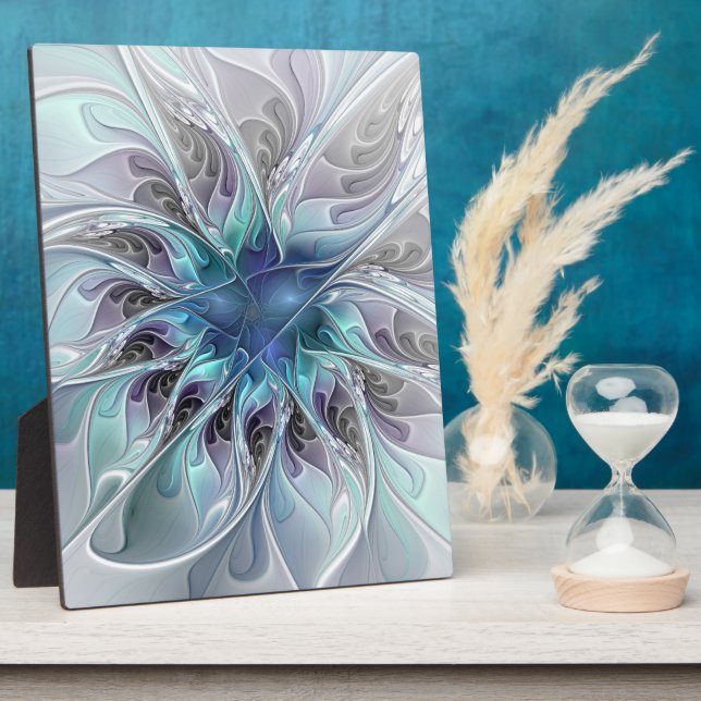 Flourish Abstract Modern Fractal Flower With Blue Plaque (Side)