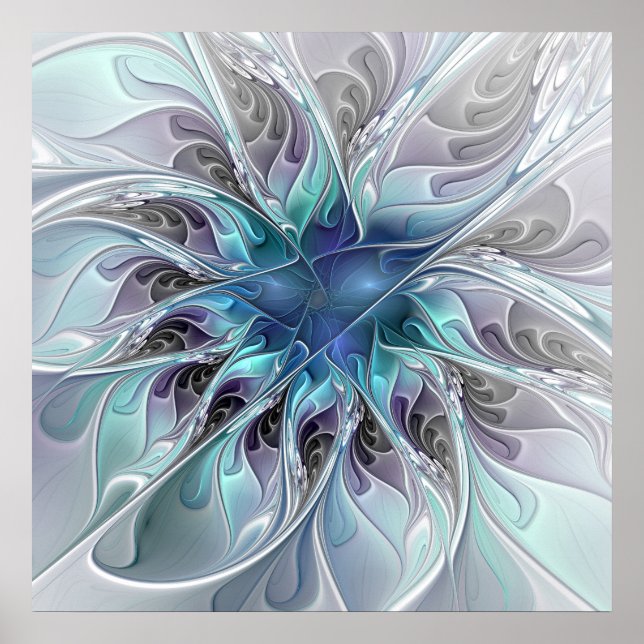 Flourish Abstract Modern Fractal Flower With Blue Poster (Front)