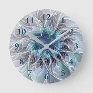 Flourish Abstract Modern Fractal Flower With Blue Round Clock