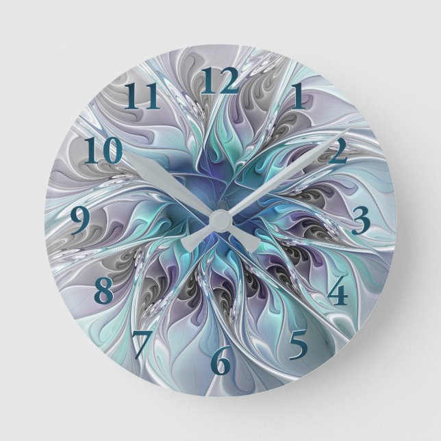 Flourish Abstract Modern Fractal Flower With Blue Round Clock (Front)