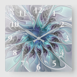 Flourish Abstract Modern Fractal Flower With Blue Square Wall Clock