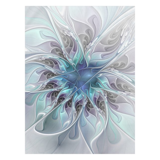 Flourish Abstract Modern Fractal Flower With Blue Tablecloth (Front)