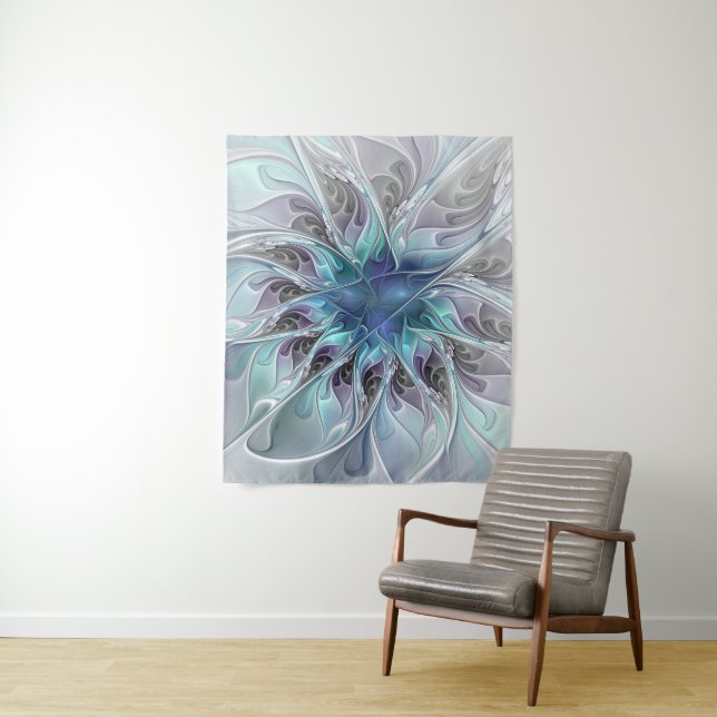 Flourish Abstract Modern Fractal Flower With Blue Tapestry (In Situ)