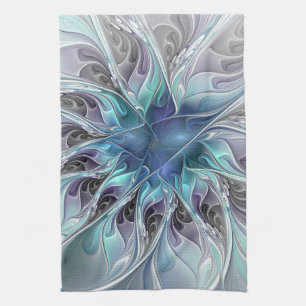 Flourish Abstract Modern Fractal Flower With Blue Tea Towel