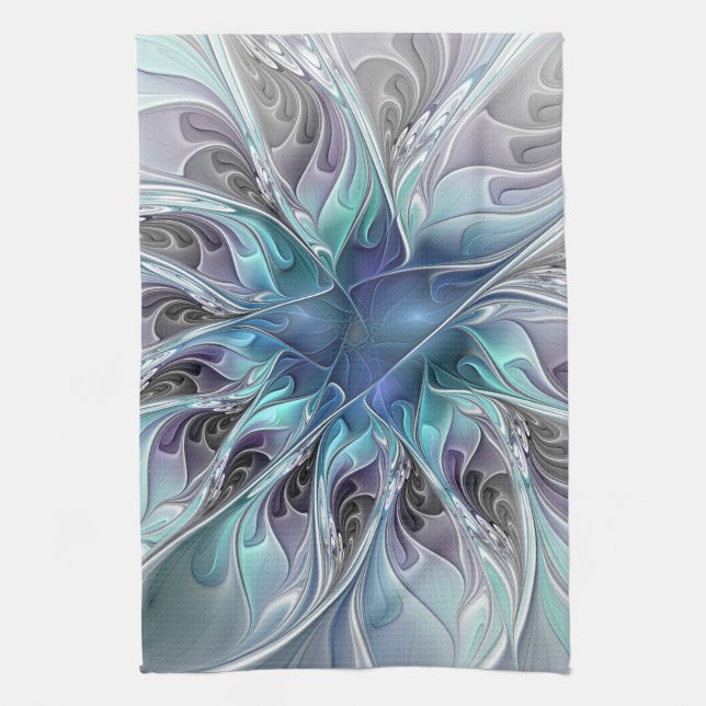 Flourish Abstract Modern Fractal Flower With Blue Tea Towel (Vertical)