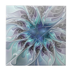Flourish Abstract Modern Fractal Flower With Blue Tile