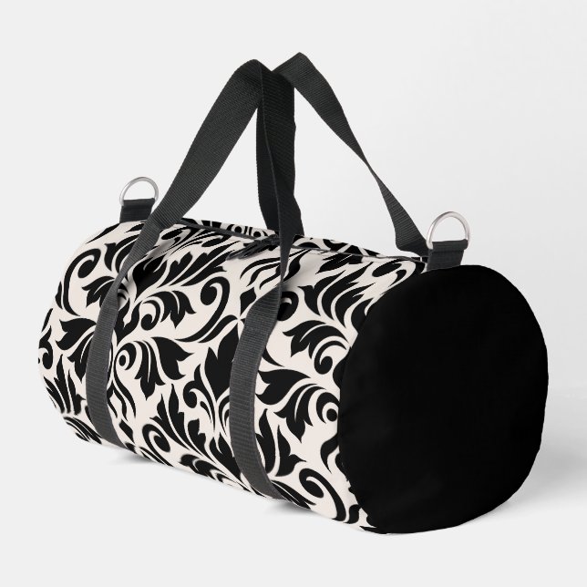 Flourish Damask Art I Black on Cream Duffle Bag (Left Corner)