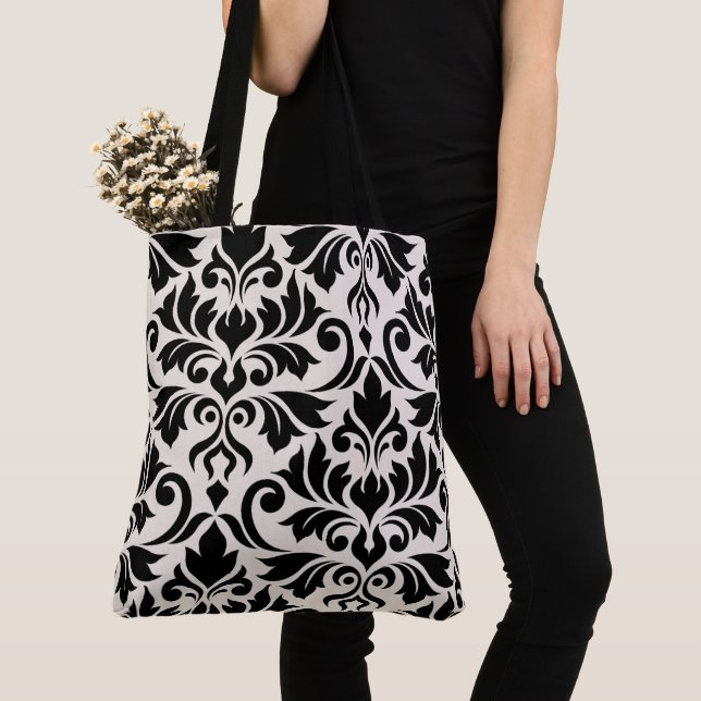 Flourish Damask Art I Black on Cream Tote Bag (Close Up)