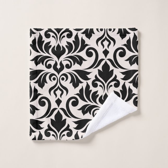 Flourish Damask Art I Black on Cream Wash Cloth (Wash Cloth)