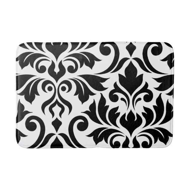 Flourish Damask Art I Black on White Bath Mat (Front)