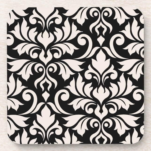 Flourish Damask Art I Cream on Black Coaster (Front)