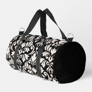 Flourish Damask Art I Cream on Black Duffle Bag