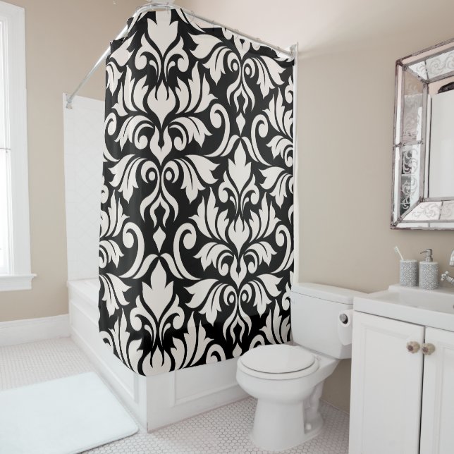 Flourish Damask Art I Cream on Black Shower Curtain (In Situ)