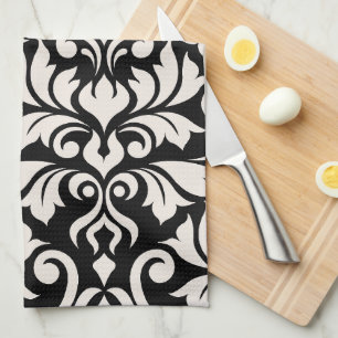 Flourish Damask Art I Cream on Black Tea Towel
