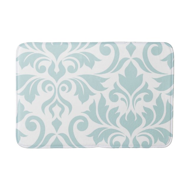 Flourish Damask Art I Duck Egg Blue on White Bath Mat (Front)