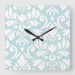 Flourish Damask Art I White on Duck Egg Blue Square Wall Clock