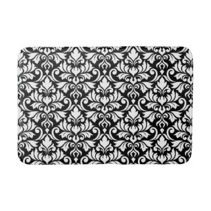Flourish Damask Big Pattern White on Black Bath Mat