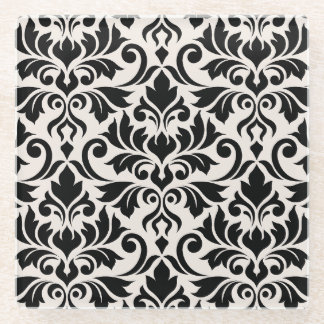 Flourish Damask Lg Pattern Black on Cream Glass Coaster