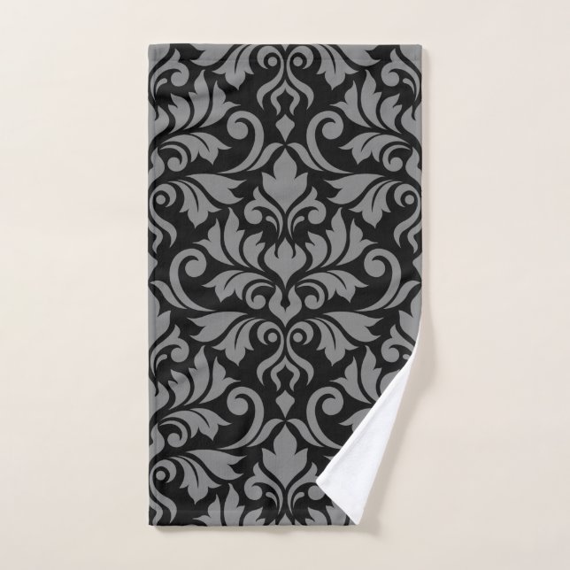 Flourish Damask Lg Pattern Grey on Black Hand Towel (Hand Towel)