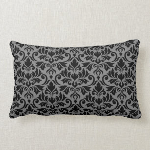 Flourish Damask Pattern Black & Grey Lumbar Cushion