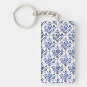 Flourish Damask Pattern - blue Key Ring