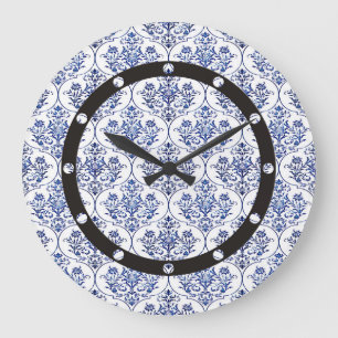 Flourish Damask Pattern - blue Large Clock
