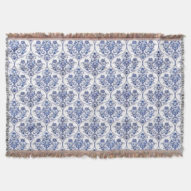 Flourish Damask Pattern - blue Throw Blanket (Front)