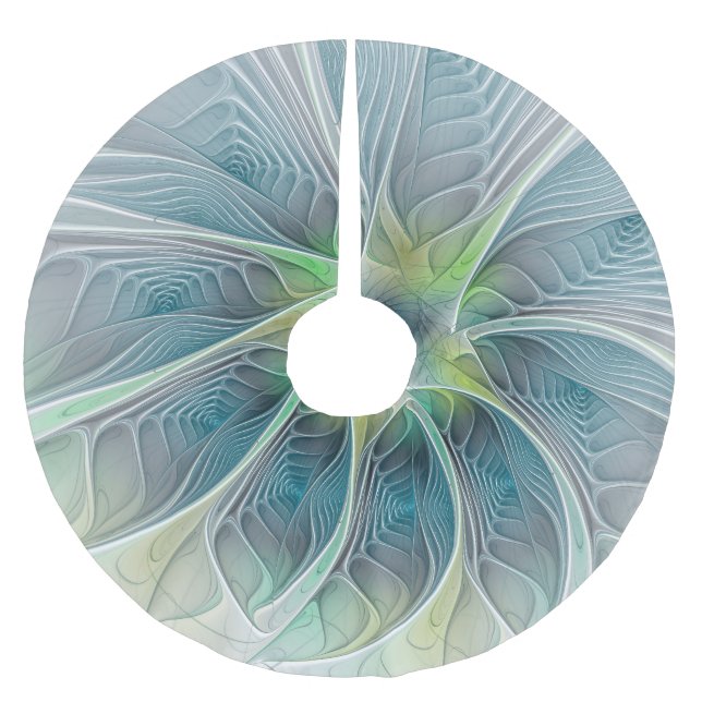 Flourish Fantasy Modern Blue Green Fractal Flower Brushed Polyester Tree Skirt (Front)