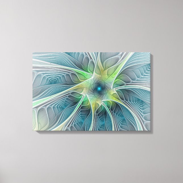 Flourish Fantasy Modern Blue Green Fractal Flower Canvas Print (Front)
