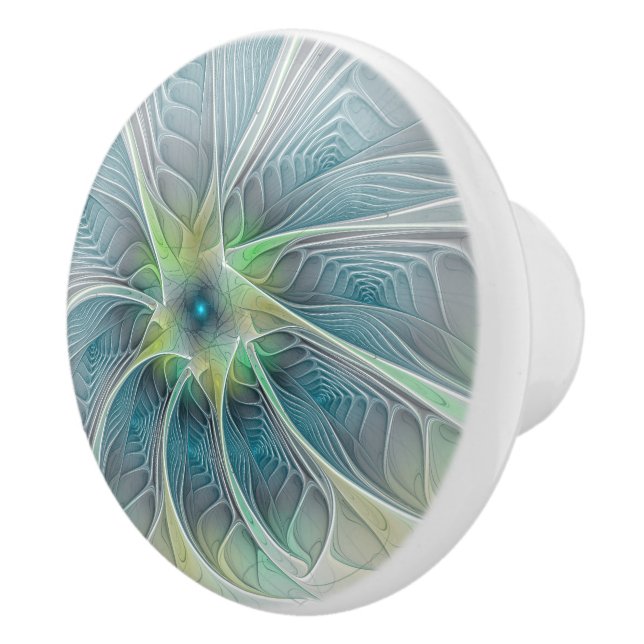 Flourish Fantasy Modern Blue Green Fractal Flower Ceramic Knob (Right)