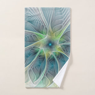 Flourish Fantasy Modern Blue Green Fractal Flower Hand Towel