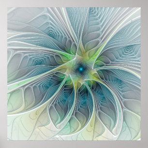 Flourish Fantasy Modern Blue Green Fractal Flower Poster