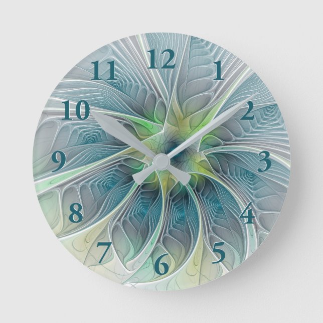 Flourish Fantasy Modern Blue Green Fractal Flower Round Clock (Front)