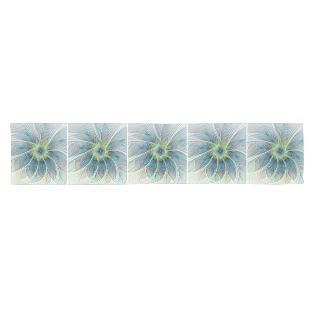 Flourish Fantasy Modern Blue Green Fractal Flower Short Table Runner (Horizontal)