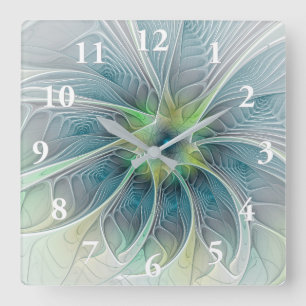 Flourish Fantasy Modern Blue Green Fractal Flower Square Wall Clock