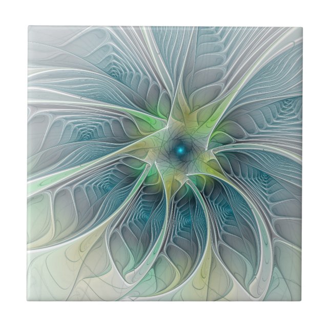 Flourish Fantasy Modern Blue Green Fractal Flower Tile (Front)