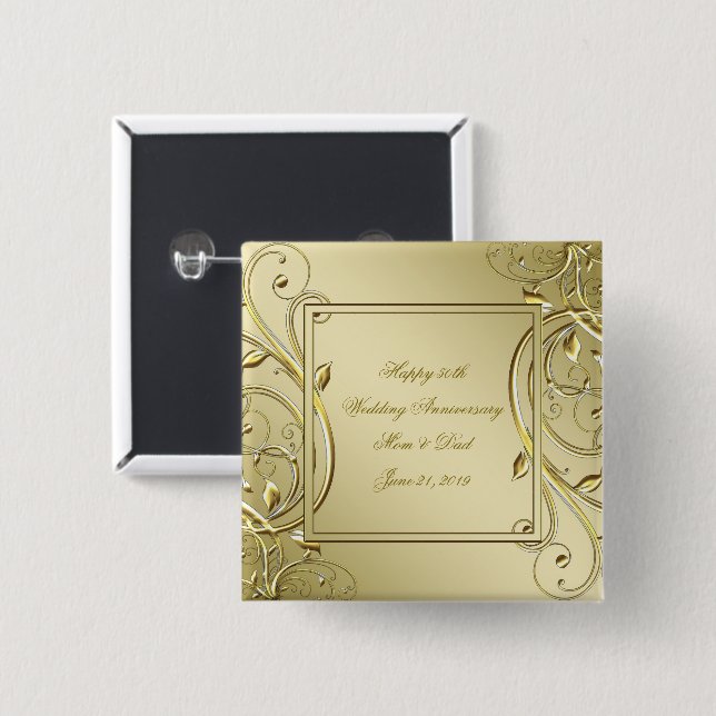 Flourish Gold 50th Wedding Anniversary 15 Cm Square Badge (Front & Back)
