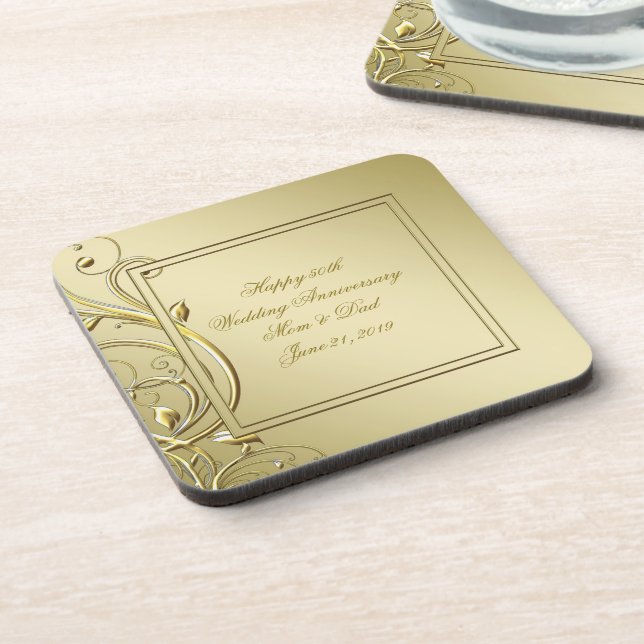 Flourish Gold 50th Wedding Anniversary Coaster (Left Side)