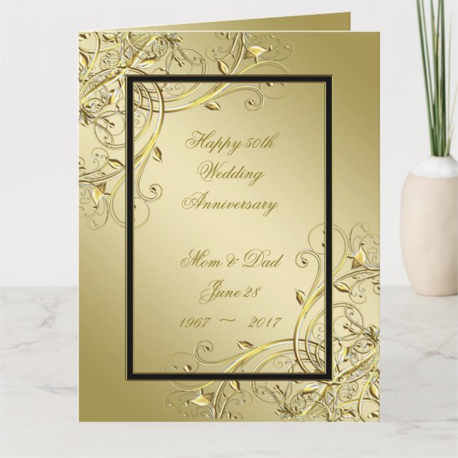 Flourish Gold Black 50th 8.5x11 Anniversary Card (Front)