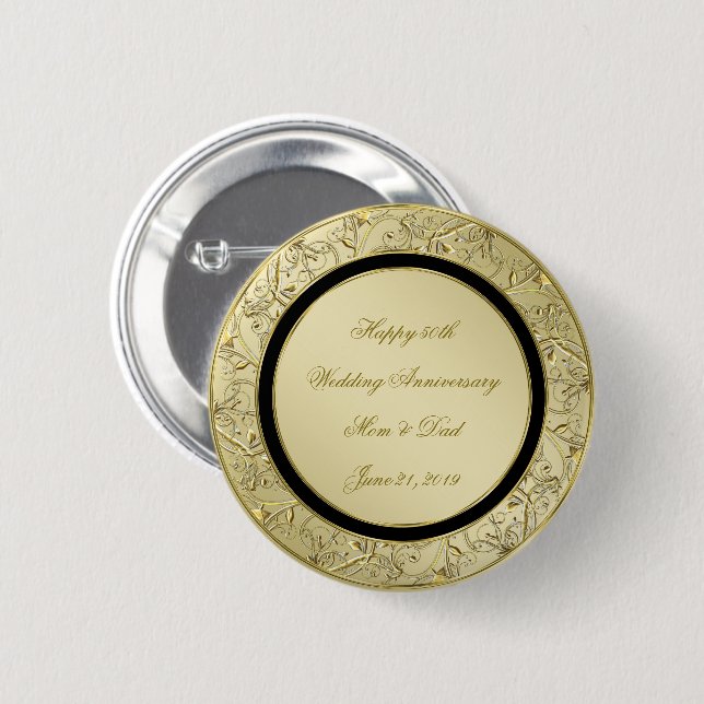 Flourish Gold Black 50th Wedding Anniversary 6 Cm Round Badge (Front & Back)