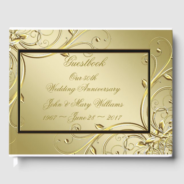 Flourish Gold Black 50th Wedding Anniversary Guest Book (Front)