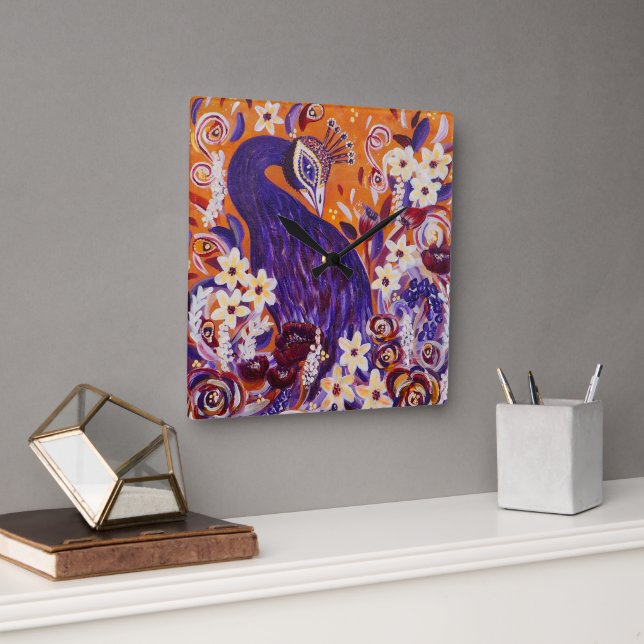 Flourish Peacock Floral Square Wall Clock (Office)