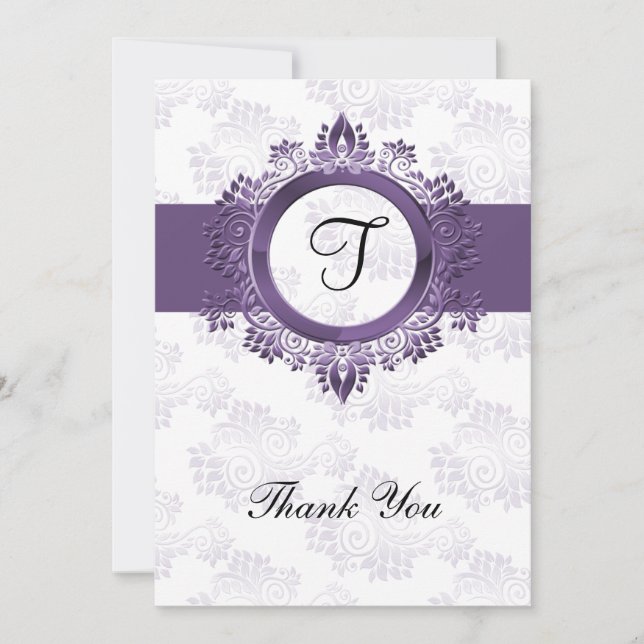 flourish purple monogram wedding thank you card (Front)